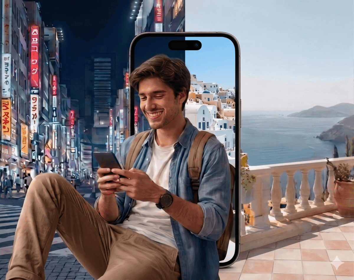 Traveler staying connected with eSIM